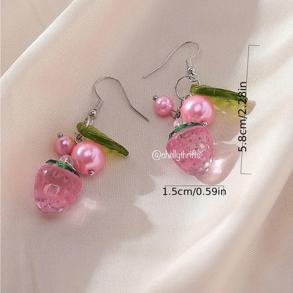 Pink Strawberry Dangly Earrings - Picture 4 of 4